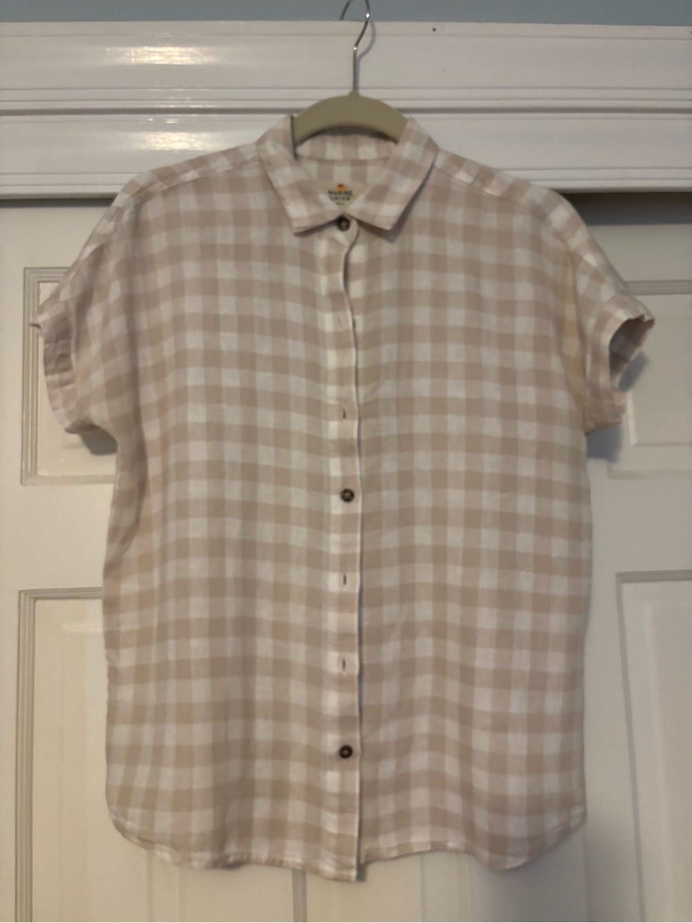 Marine Layer Beige and White Gingham Button-Down Shirt